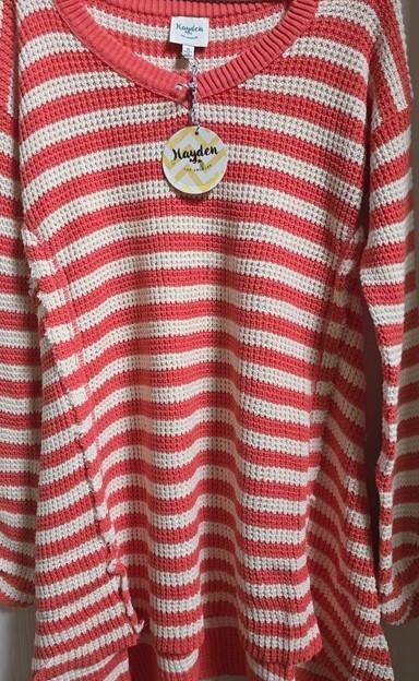 NWT Hayden M Orange White Distressed Stripe Cold Shoulder Sweater 133948