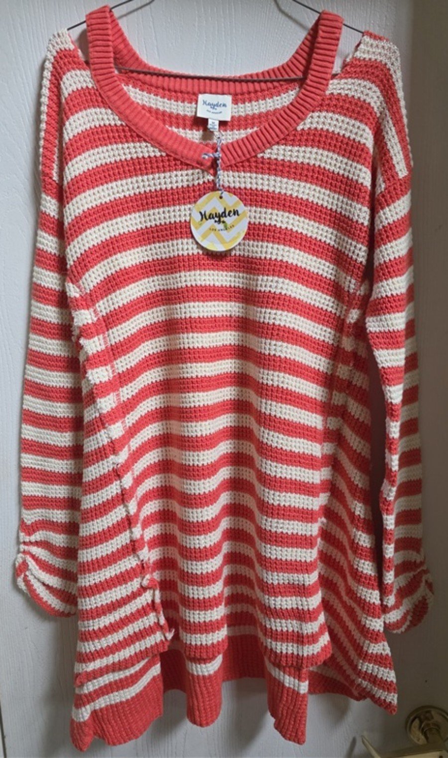NWT Hayden M Orange White Distressed Stripe Cold Shoulder Sweater 133948