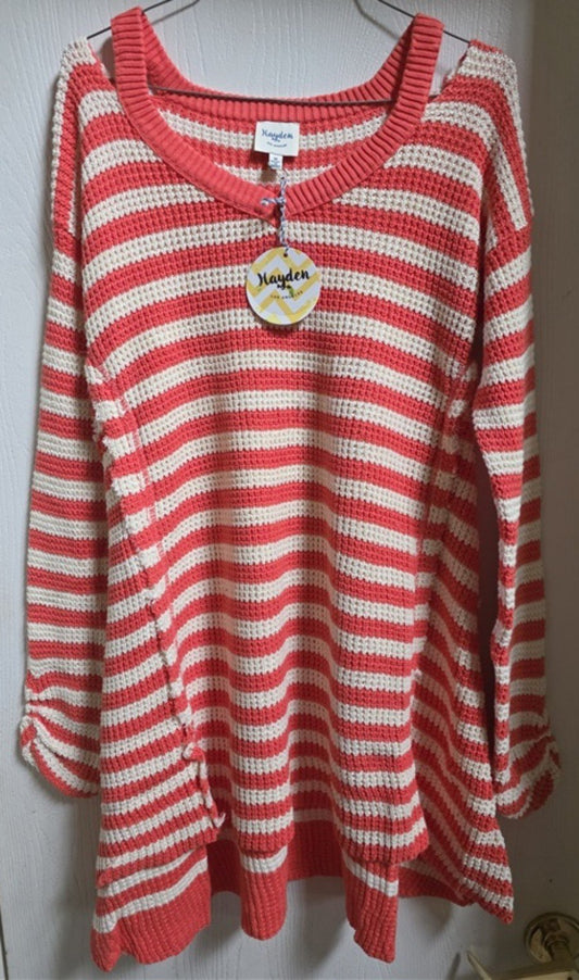 NWT Hayden M Orange White Distressed Stripe Cold Shoulder Sweater 133948