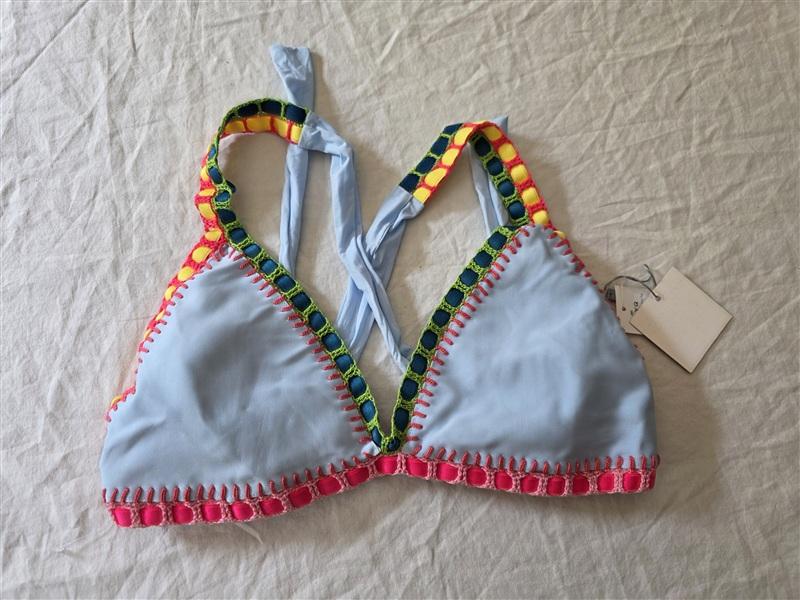 NWT Pilyq Platinum D Pebble Blue Crochet Trim Triangle Bikini Swim Top 133951