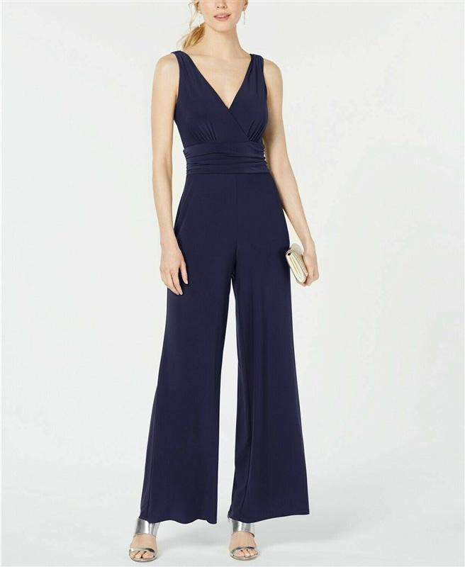 NWOT Pappagallo M Deep V Neckline Navy Blue Jersey Knit jumpsuit 133973