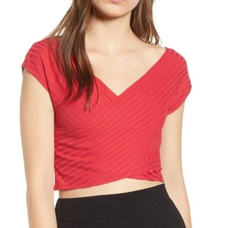 NWOT Madison & Berkeley XL Cap Crop Top Red Ribbed Surplice Wrap Front 133991