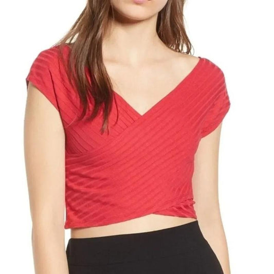 NWOT Madison & Berkeley XL Cap Crop Top Red Ribbed Surplice Wrap Front 133991