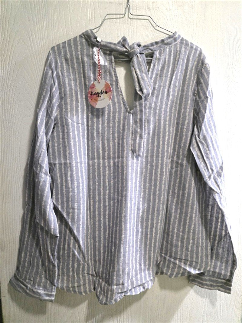 NWT Hayden M Blue White Cloud Stripe V Neck Tie Blouse 134002