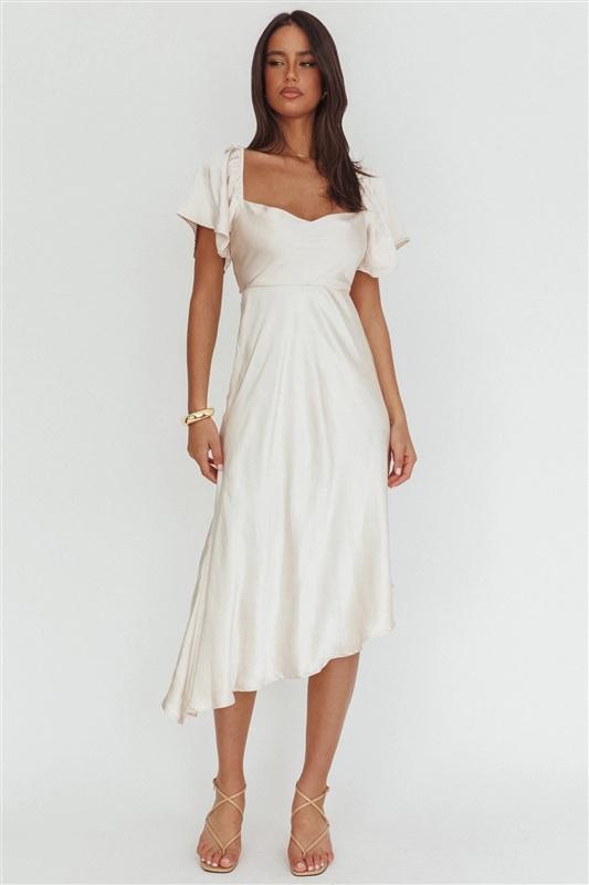 NWT Selfie Leslie S Grayson Tied Back Asymmetrical Midi Dress Champagne 134015