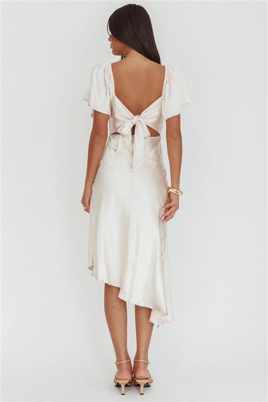 NWT Selfie Leslie S Grayson Tied Back Asymmetrical Midi Dress Champagne 134015