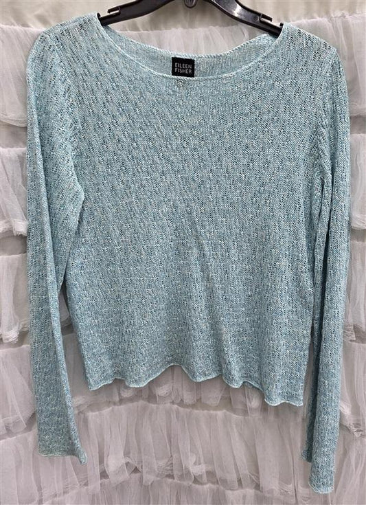 NWOT Eileen Fisher XS Linen Blue White Sweater Asymmetrical Tunic 134036