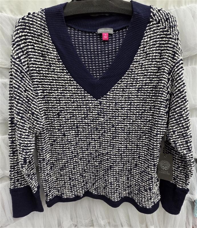 NWT Vince Camuto XS Slub Knit Navy Blue White V Neck Sweater 134044