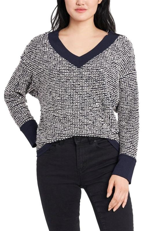 NWT Vince Camuto XS Slub Knit Navy Blue White V Neck Sweater 134044