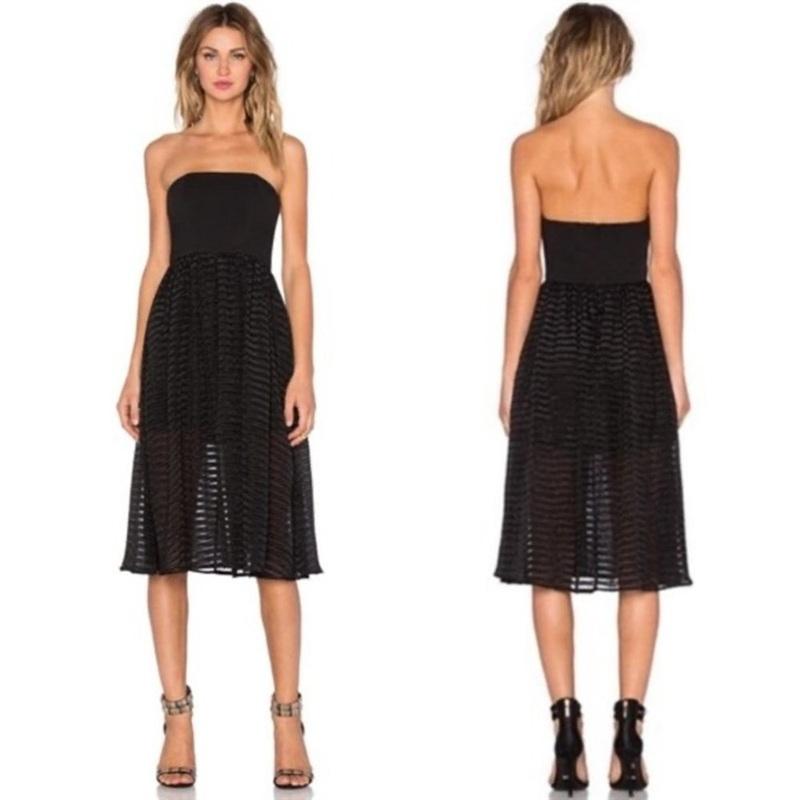 NWT NBD Small Ever After Black Strapless Striped Midi Dress 134051