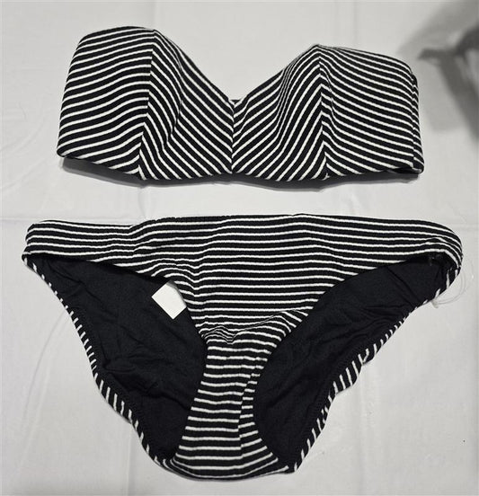 NWOT Seafolly 6 USA Go Overboard Bandeau Bikini Top & Bottom Black Stripe 134149