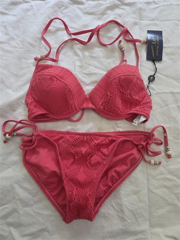 NWT Ralph Lauren Polo S Coral Diamond Lace Bikini Swim Top & Bottoms 134234
