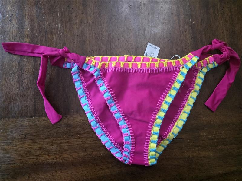 NWT Pilyq Platinum L Pin Magenta Crochet Trim Side-Tie Bikini Bottom Swim 134235