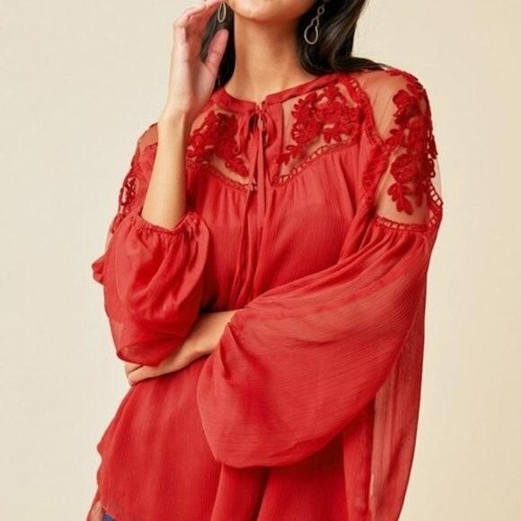 NWT Hayden S/M Sheer RED chiffon Lace BohoPeasant Oversized Blouse 134265
