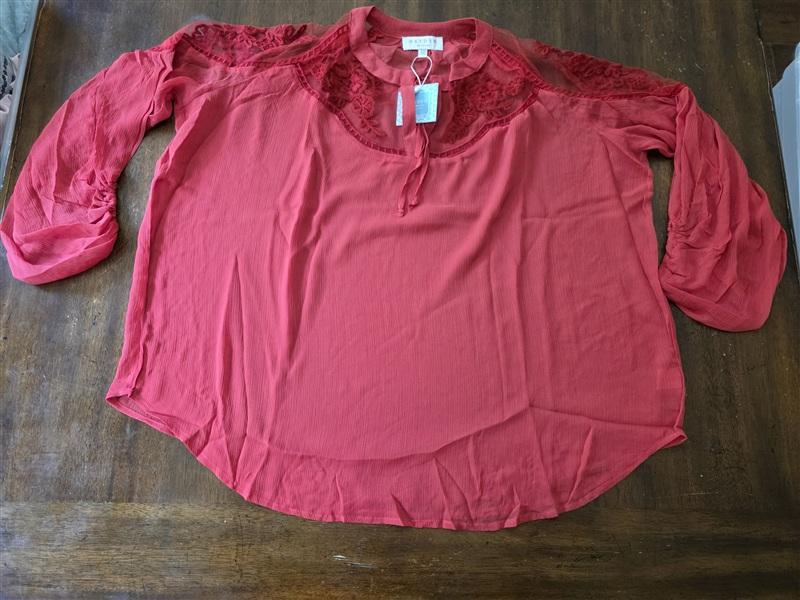 NWT Hayden S/M Sheer RED chiffon Lace BohoPeasant Oversized Blouse 134265