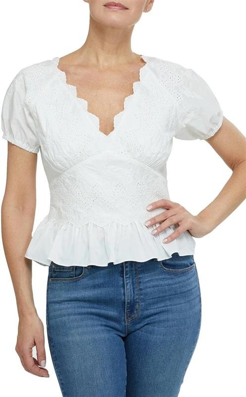 NWT Laundry Shelli Segal M White Eyelet Peplum Blouse V neck 134274