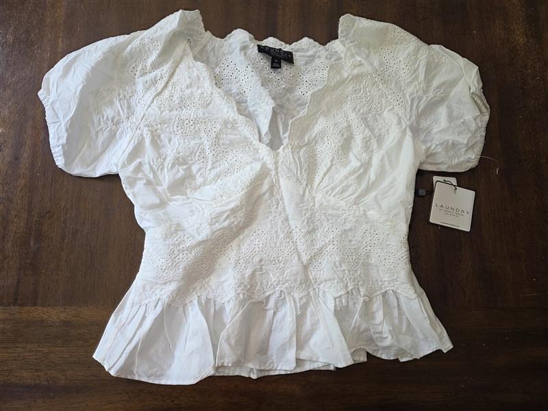 NWT Laundry Shelli Segal M White Eyelet Peplum Blouse V neck 134274