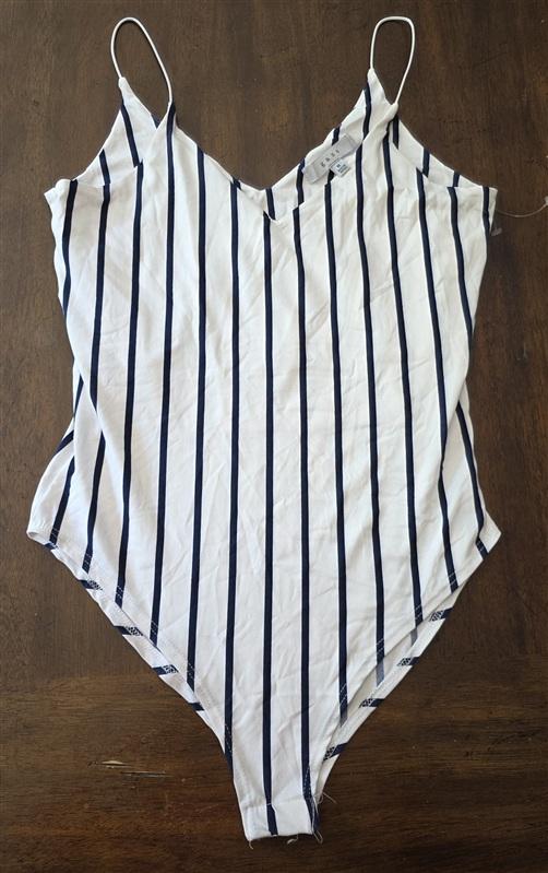 NWOT Gaze M Blue White Nautical Stripe Bodysuit Cheeky 134289