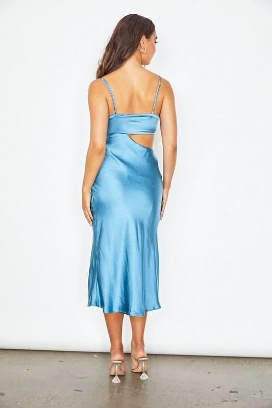 NWT Saints + Secrets XS Blue Midi Cut Out Satin Dress Side Slit 134299