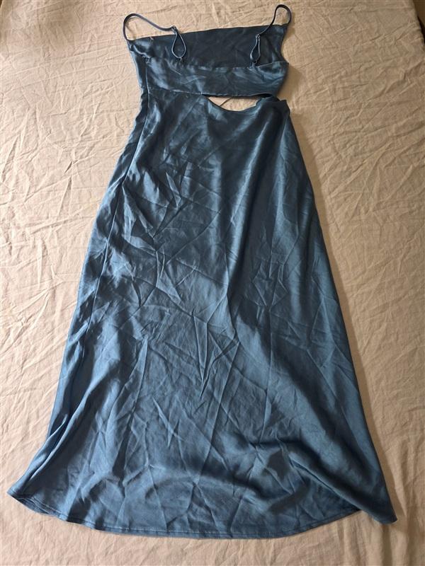 NWT Saints + Secrets XS Blue Midi Cut Out Satin Dress Side Slit 134299