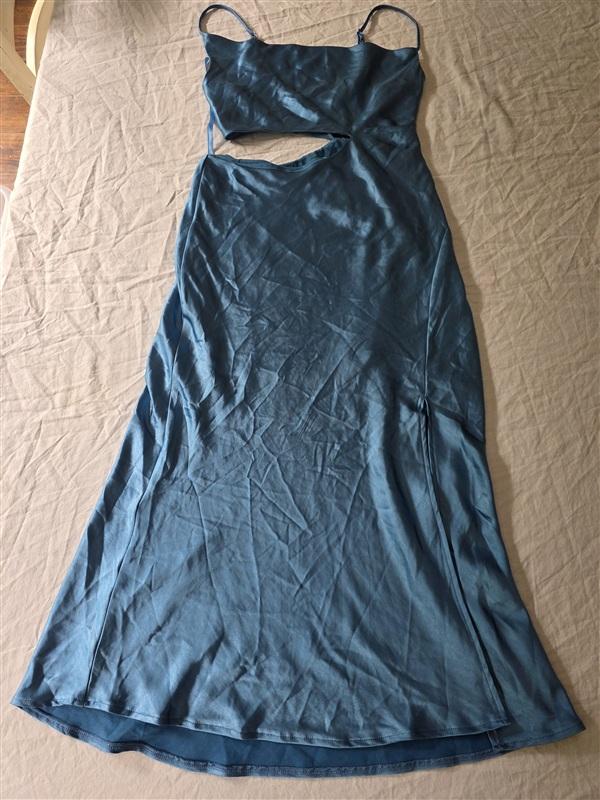 NWT Saints + Secrets XS Blue Midi Cut Out Satin Dress Side Slit 134299