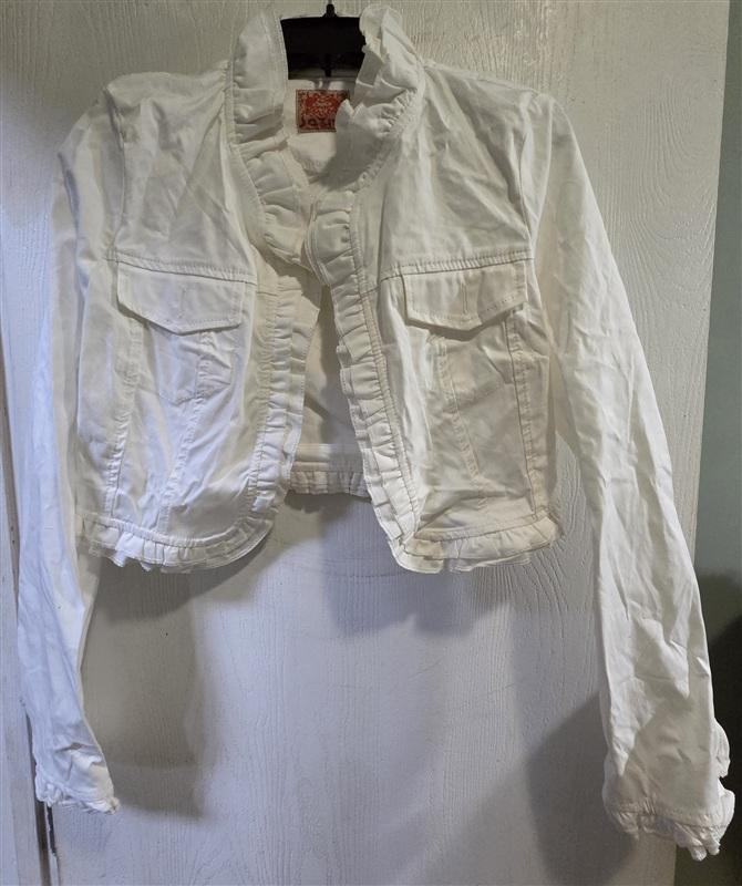 NWOT Evisu Premium Denim White Ruffle Jean Jacket 134309
