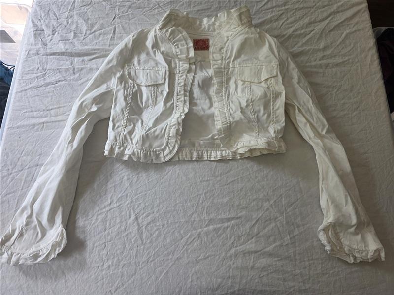 NWOT Evisu Premium Denim White Ruffle Jean Jacket 134309