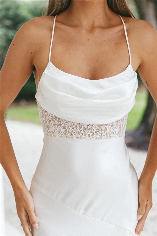 NWTD Selfie Leslie S Golden Era Cowl Neck Lace Waist Midi Dress White 134317