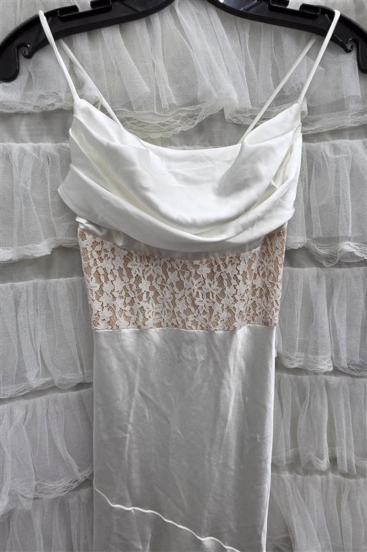 NWTD Selfie Leslie S Golden Era Cowl Neck Lace Waist Midi Dress White 134317