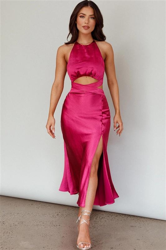 NWPT Selfie Leslie M Social Butterfly Cut-Out Waist Midi Dress Fuchsia 134318