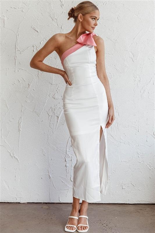 NWTD Selfie Leslie XS Sweetest Thing One-Shoulder Bow Maxi Dress White 134325