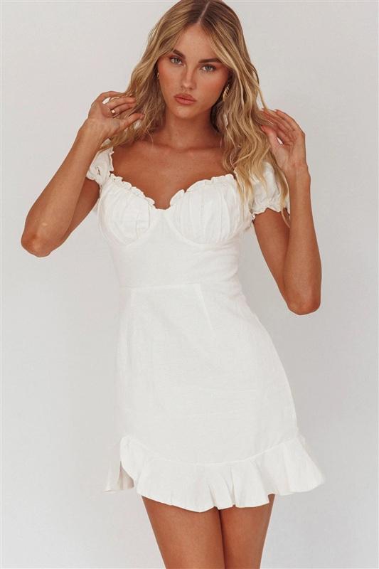 NWT Selfie Leslie XS Heaven Sent Ruched Bust Puff Sleeve Dress White 134335