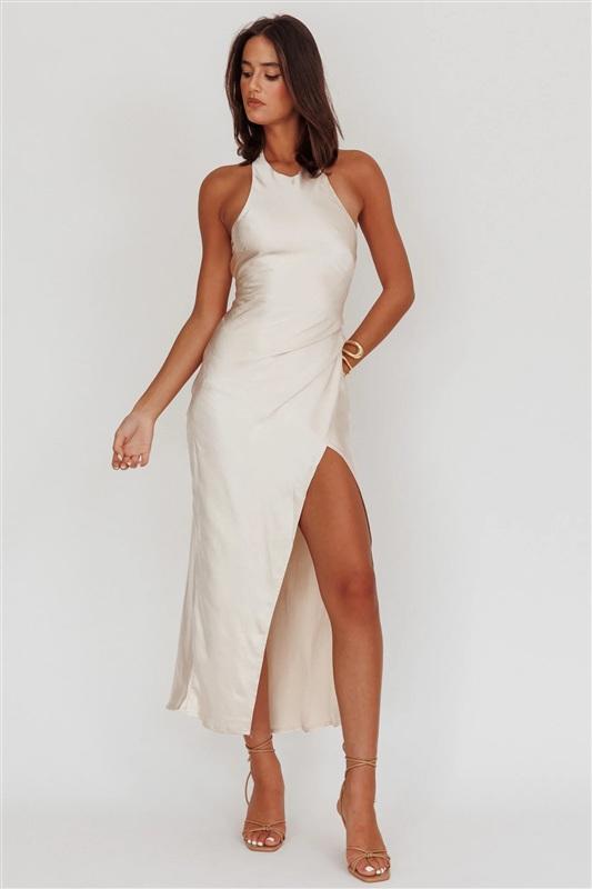 NWTD Selfie Leslie S Sonoma Halterneck Twist Back Maxi Dress Champagne 134345