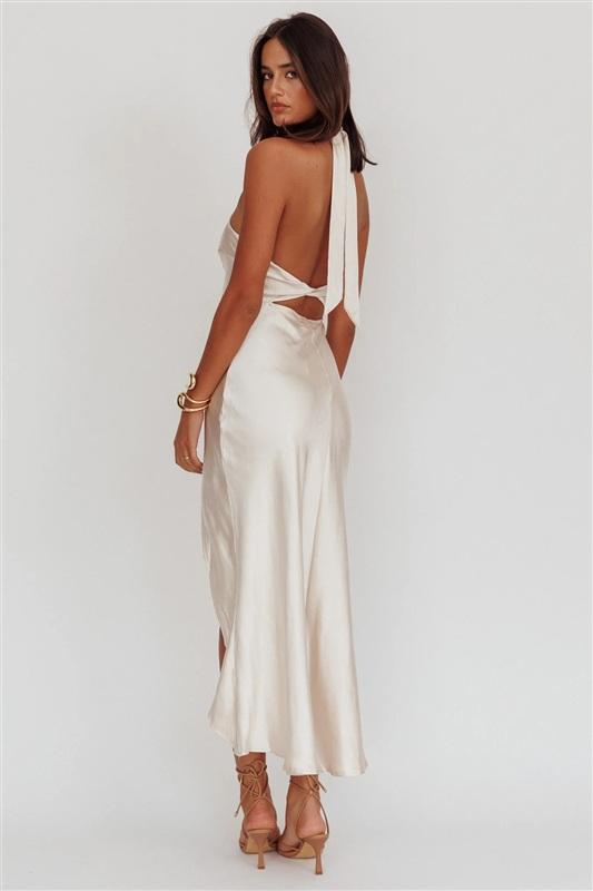 NWTD Selfie Leslie S Sonoma Halterneck Twist Back Maxi Dress Champagne 134345