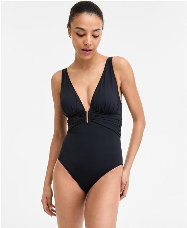 NWT Bleu by Rod Beattie 18W Deep V Neck Black Ruched 1PC Swimsuit 134347