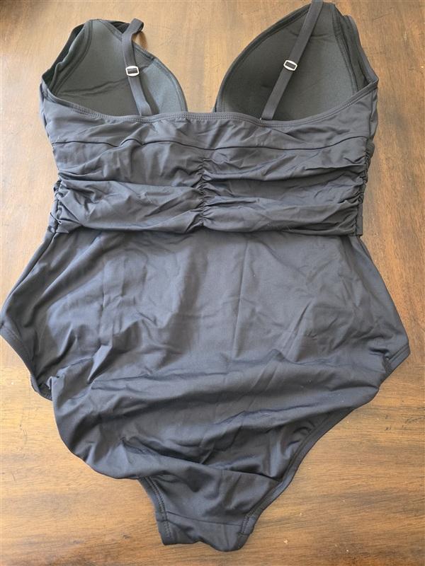 NWT Bleu by Rod Beattie 18W Deep V Neck Black Ruched 1PC Swimsuit 134347