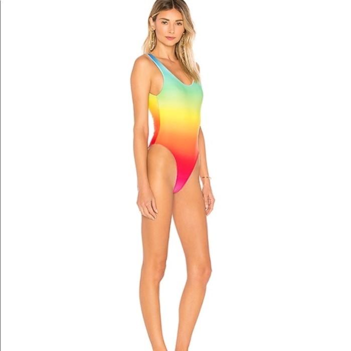 NWT Lovers & Friends XS Good Days 1PC Hi-Cut Swimsuit Neon Rainbow Ombre 134350