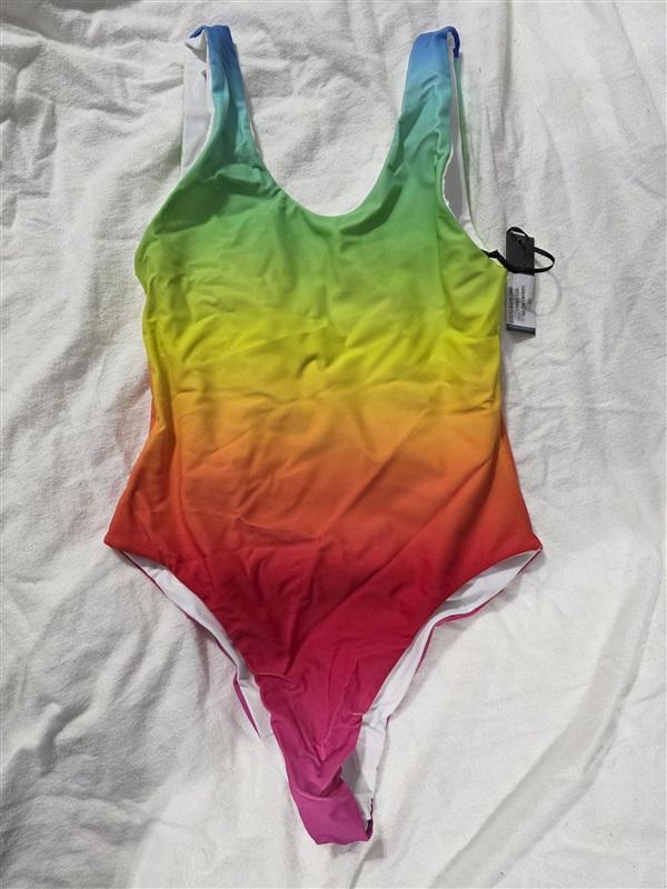 NWT Lovers & Friends XS Good Days 1PC Hi-Cut Swimsuit Neon Rainbow Ombre 134350