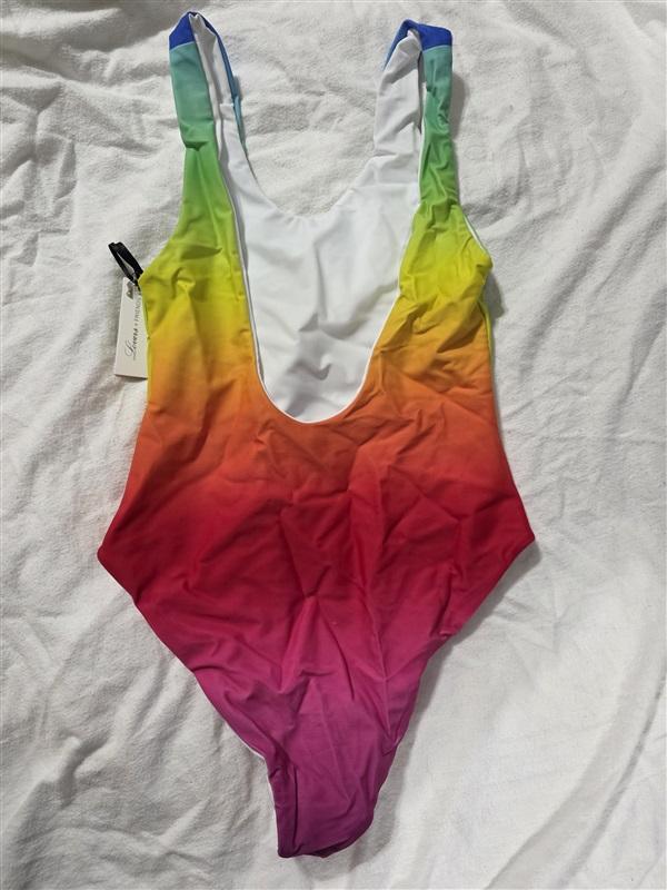 NWT Lovers & Friends XS Good Days 1PC Hi-Cut Swimsuit Neon Rainbow Ombre 134350