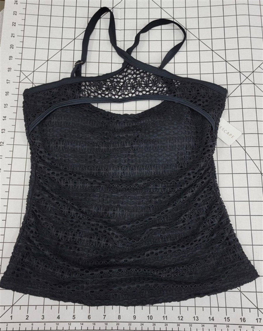 NWT Island Escape 8 Aloha Tankini Cut Out Lace Crochet Swimsuit Top Black 134351