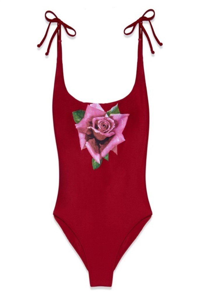 NWOT Wildfox SM Andi Rose Shoulder Ties 1PC Swimsuit Burgundy Red 134352
