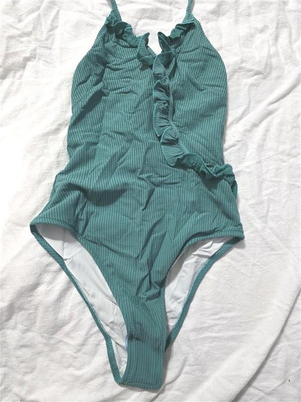 NWT Solid & Striped SM Nadine 1PC Green Pucker Ruffle Deep V Swimsuit 134353