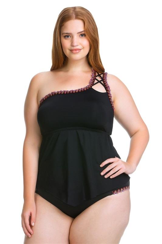 NWT Becca Virtue 1X Mardi Gras One Shoulder Tankini Swim Top Black 134372