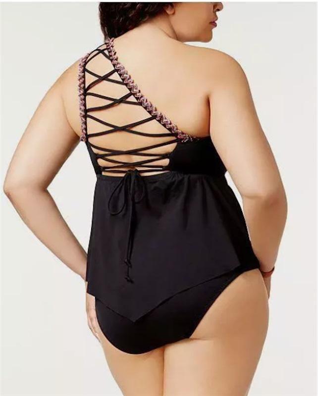NWT Becca Virtue 1X Mardi Gras One Shoulder Tankini Swim Top Black 134372