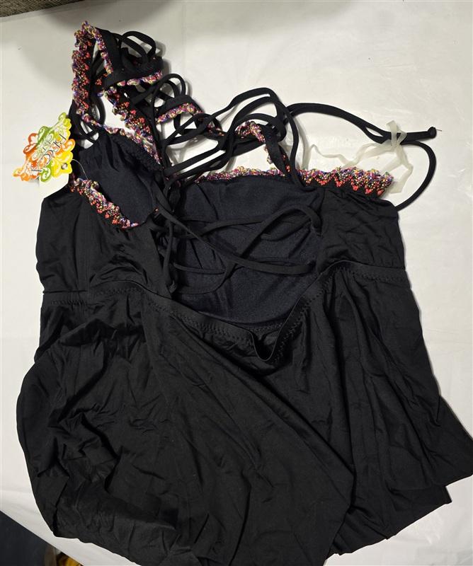 NWT Becca Virtue 1X Mardi Gras One Shoulder Tankini Swim Top Black 134372