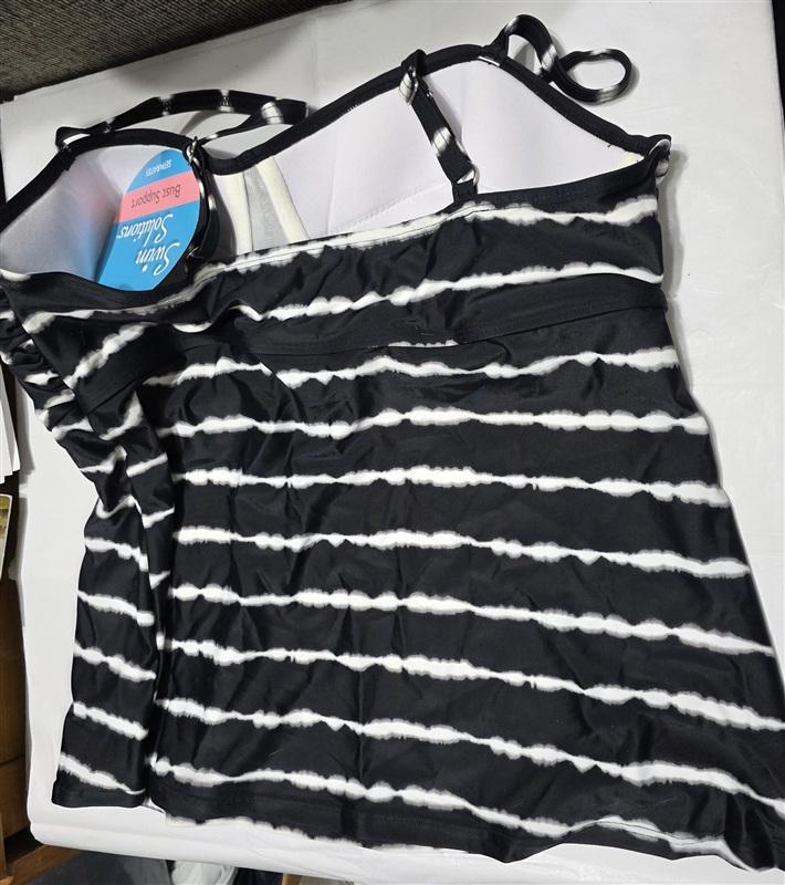 NWT Swim Solutions 14 Black & White Striped Bandeau Tankini 134375