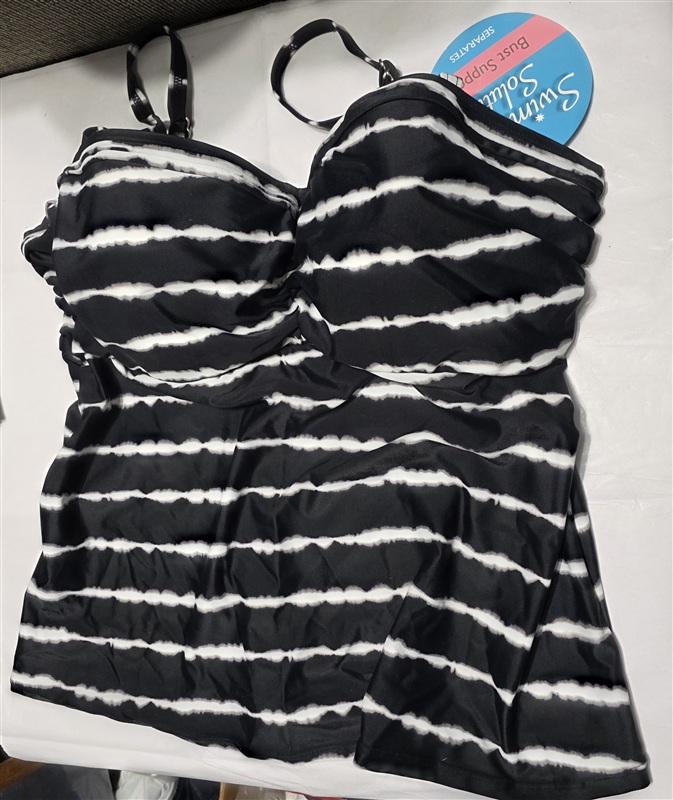 NWT Swim Solutions 14 Black & White Striped Bandeau Tankini 134375