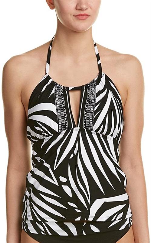 NWT La Blanca 4 Black & White High Neck Halter Tankini Swim Top 134386