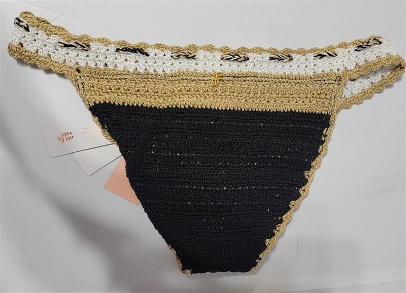 NWT PilyQ L Lux Crochet Bikini Bottom Tassel White Beige Black 134395