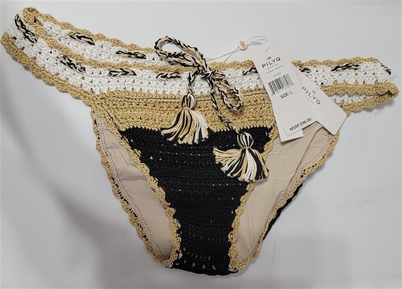 NWT PilyQ L Lux Crochet Bikini Bottom Tassel White Beige Black 134395